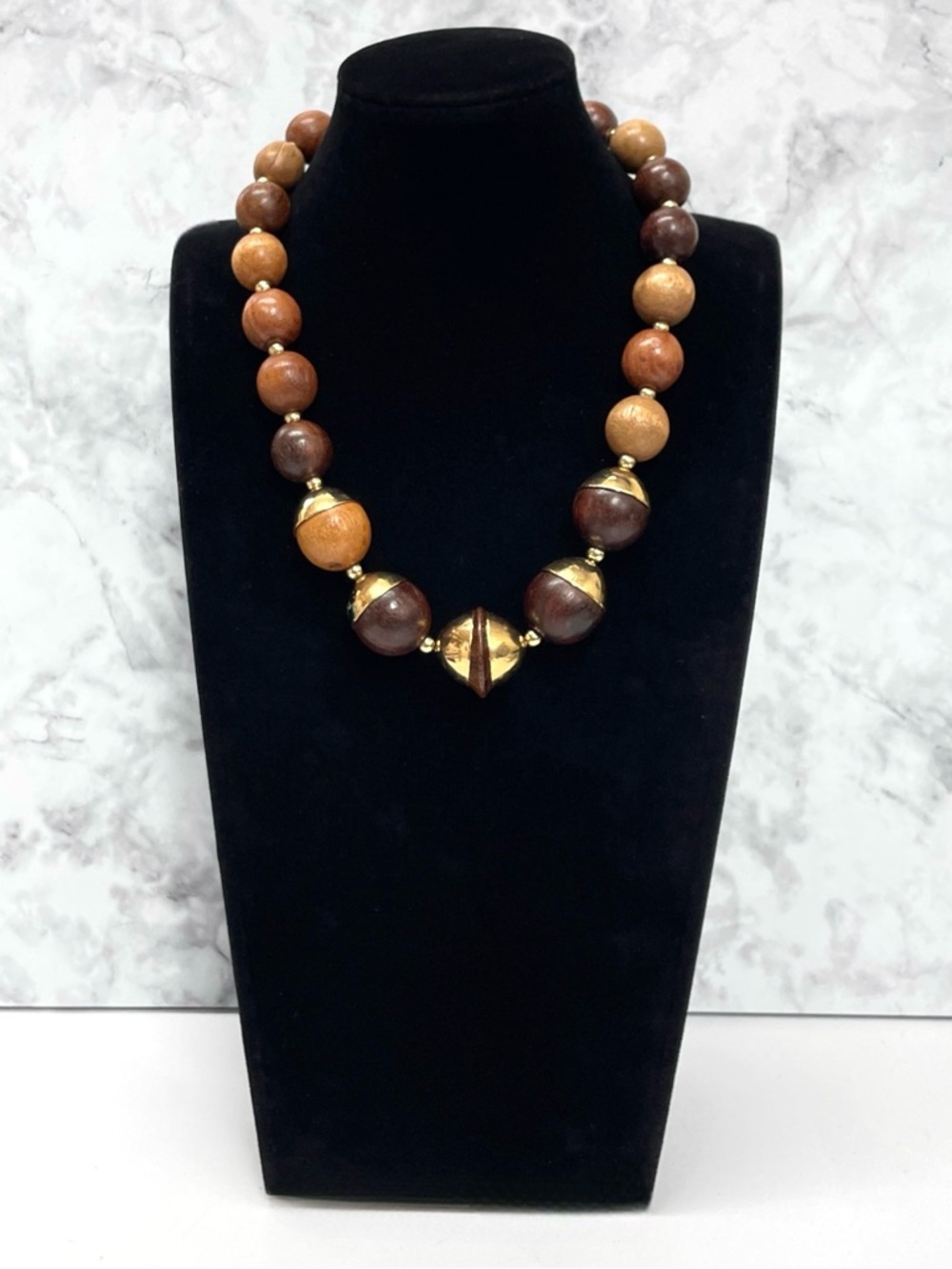 Boho Wooden Bead Gold Tone Necklace Chunky Statement Ethnic Jewelry